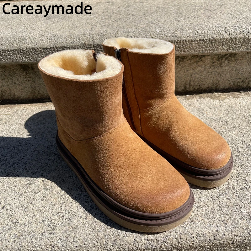 Careaymade-Genuine leather wool wide version Winter women's Snow Boots,Thick Bottom Zipper Anti slip Warm femal cotton shoes