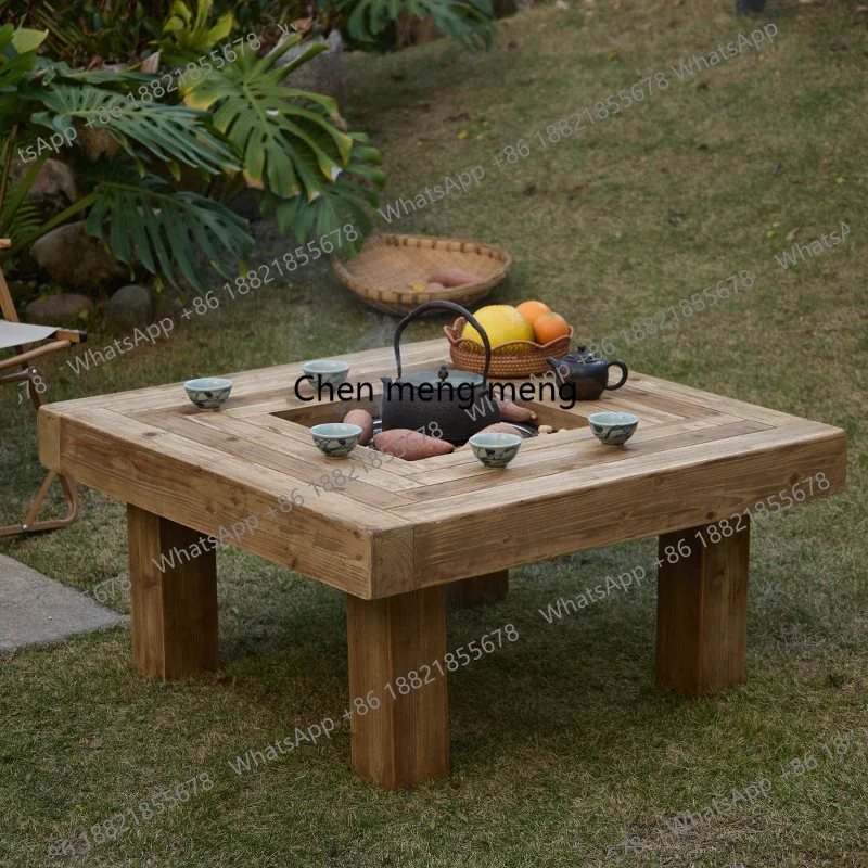Solid wood square small tea table balcony home heating fire low table retro log wind