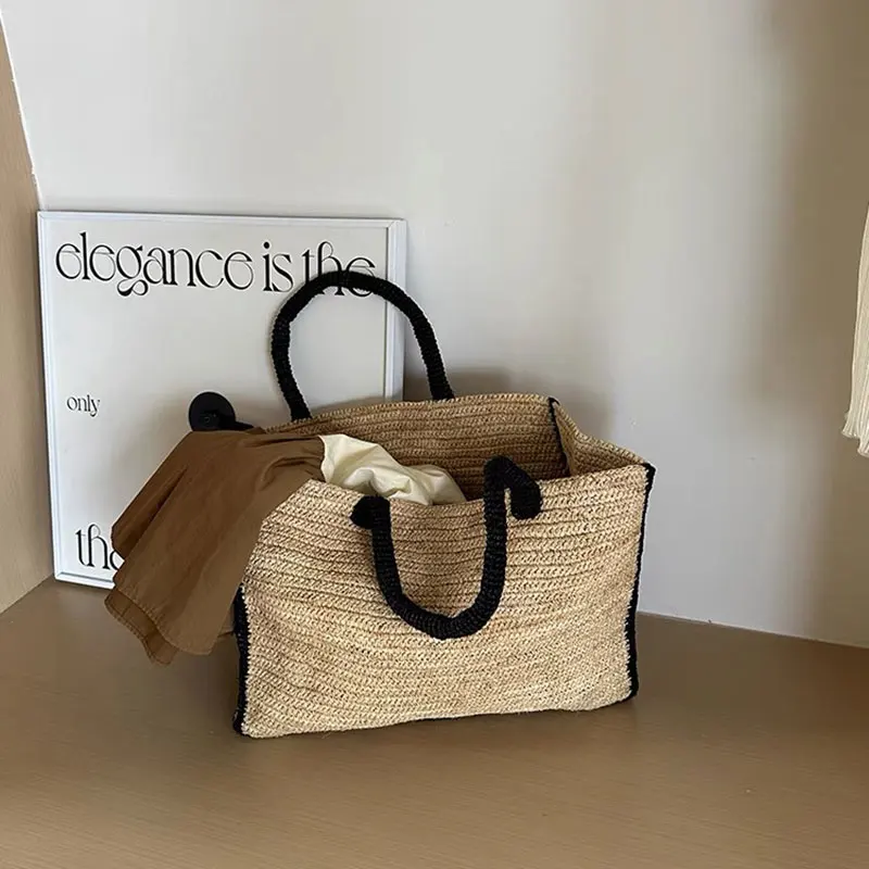 Nowa wysokiej jakości francuska naturalna rafia tkana luksusowa designerska torebka typu Tote damska torba plażowa o dużej pojemności na wakacje koreańska moda