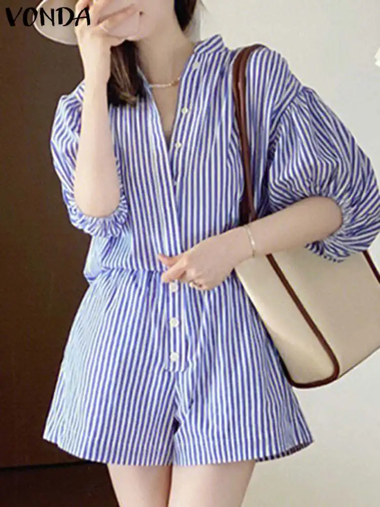 

Elegant Jumpsuits VONDA 2024 Women Casual Printed Striped Short Playsuits Loose Puff Sleeve Overalls Summer Mid Waist Rompers