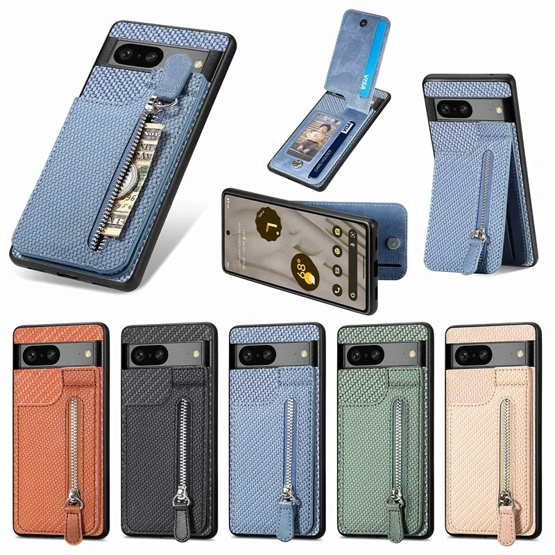 Card Slots Zipper Wallet Case for Google Pixel 8 8 Pro 8A Pixel 7 7 Pro 6 6 Pro Stand Holder Cover for Google Pixel 9 Pro XL