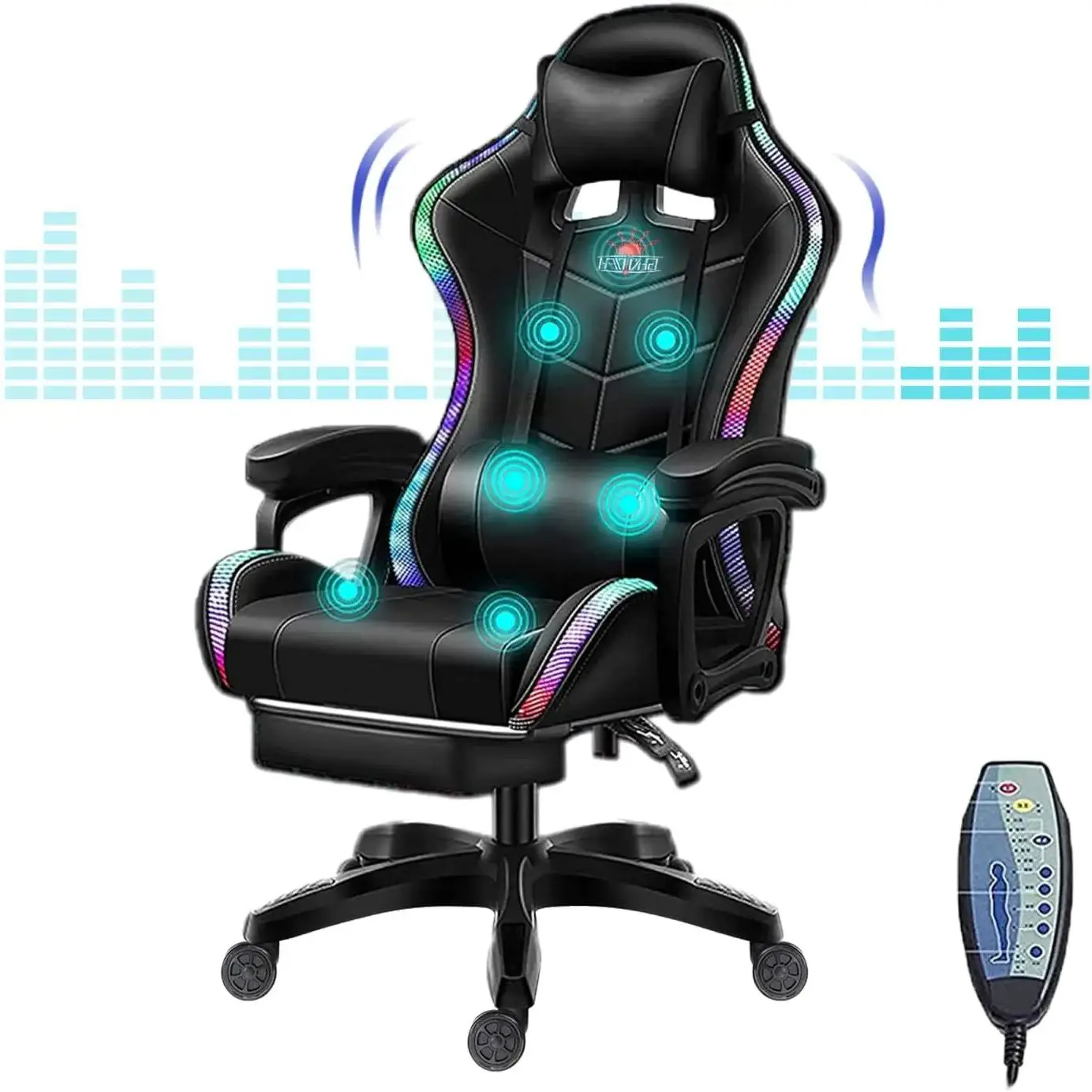 

Игровое кресло RGB, эргономичное массажное кресло с высокой спинкой, динамиками и светодиодной подсветкой 90 ° -135 ° Регулируемая искусственная кожа для видеоигр E-Sport