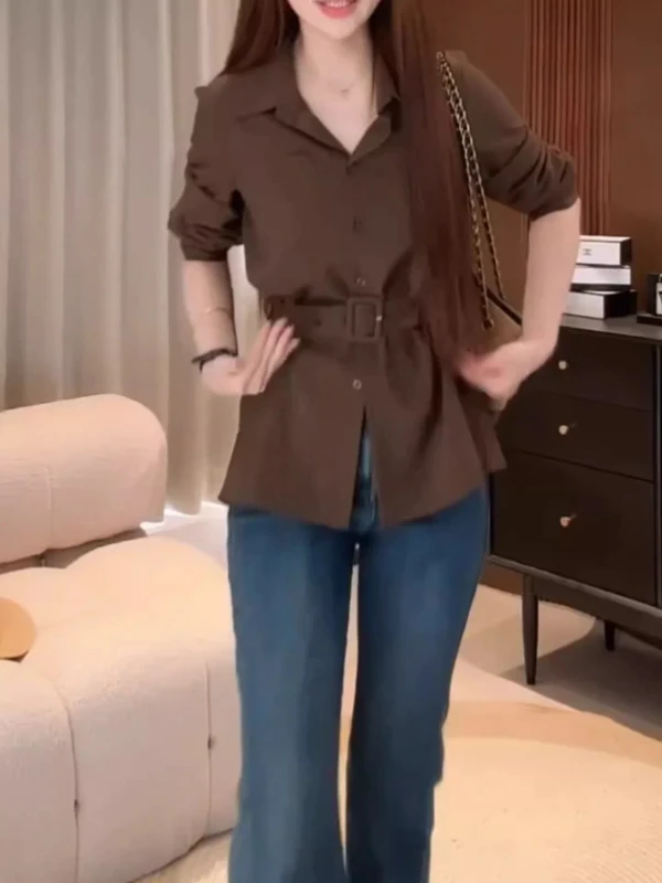 

Женская модная блузка больших размеров с эффектом утяжки талии, длинными рукавами, универсальным дизайном, в корейском стиле, из полиэфирного волокна, приятная к телу.