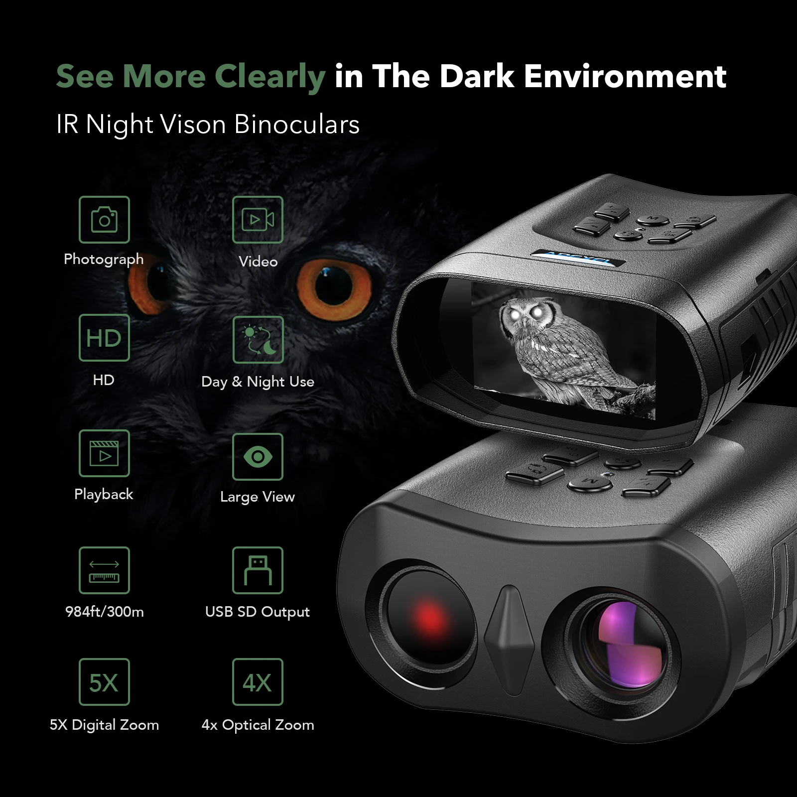 4K Infrared Night Vision Binoculars Device 4X Digital Zoom Hunting Telescope Goggles Day Night Dual Use 3000mah Rechargeable Bat