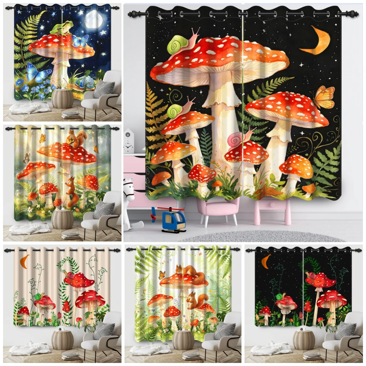 2pcs/set Dreamy Mushroom Squirrel Window Curtain Nordic Bedroom Living Room Dining Room Decor Blackout Polyester Fabric Curtains