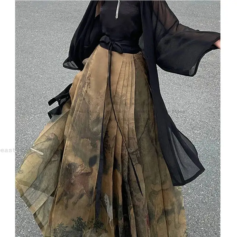 

Tradition Hanfu Horseface Skirt Suit Women Elegant Chinese Style Dress Sexy Sling Top Cardigan Cheongsam Set Vintage Costume
