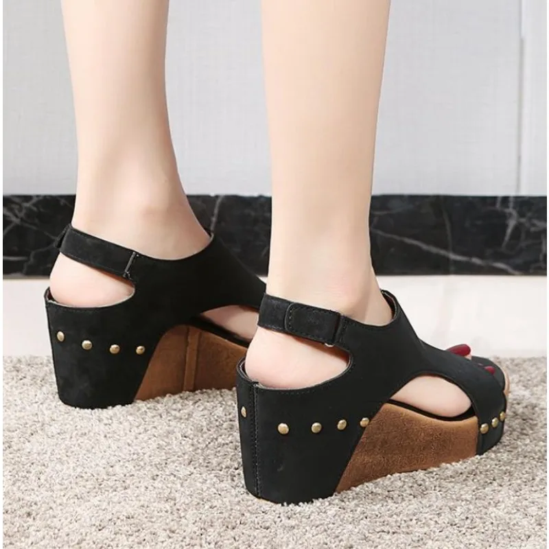 Summer Footwear Black Platform Wedge Sandals for Women Rubber Sole Buckle Peep Toe Elegant Woman's Shoes Sandalias Large Size 43