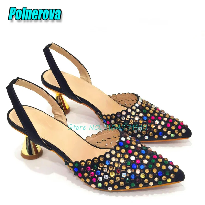 

Colorful Rhinestone High Heels for Women Elegant Pointy Toe Back Strap Strange Heel Pumps Brand Design Banquet Party Dress Shoes