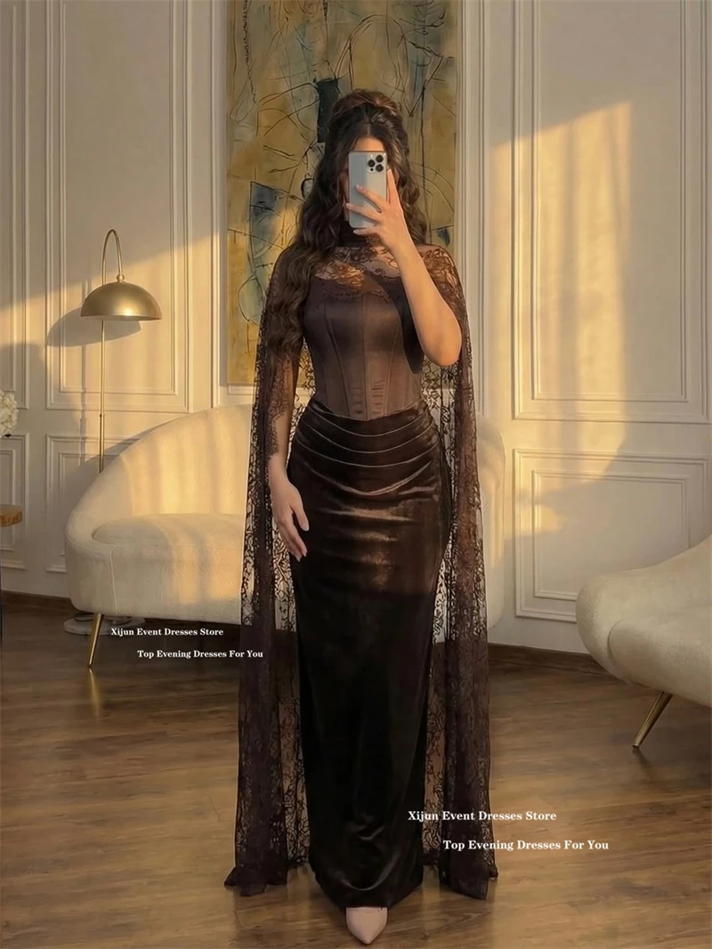 Xijun Luxury Brown Evening Dresses Lace Shawl Pleated Mermaid Prom Dresses Sleeveless Velvet Formal Dubai Prom Gowns Customized