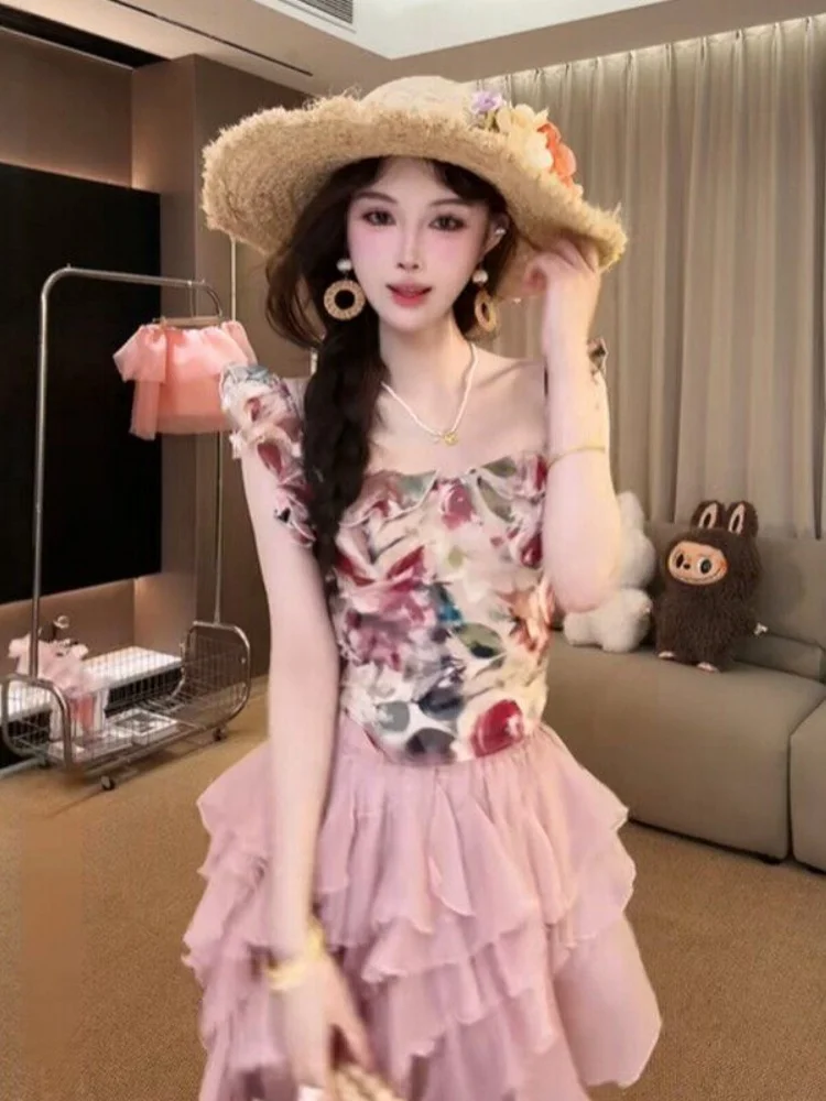

Elegant Floral Print Half-length Skirt Set Women's Summer Fashion Outfit with Ruffle Sleeves And No-sleeve Top Spicy Girl