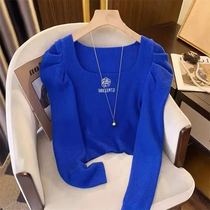 Fashion Embroidered Flower Knit Sweater Women Square Collar Long Sleeve Slim Jumpers Autumn Winter Korean Base Pullovers Female