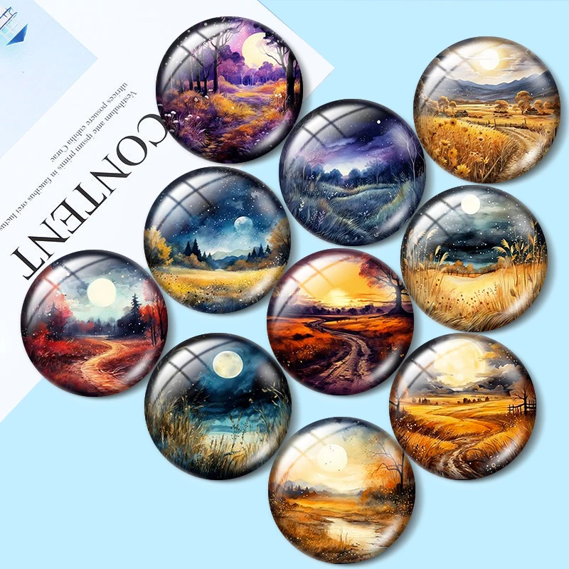 Nocne niebo z księżycem i magiczną łąką kreskówka 12mm/18mm/20mm/25mm okrągłe zdjęcie szklane kaboszon demo płaskie plecy dzięki ustaleniom
