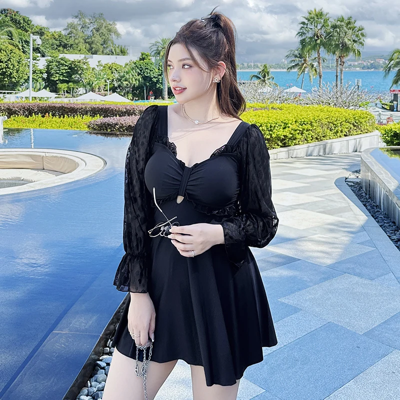 

2024 Large Size Japanese and Korean Jumpsuit Women's Conservative Skirt Style Belly Covering Slimming Long Sleeved Swimsuit