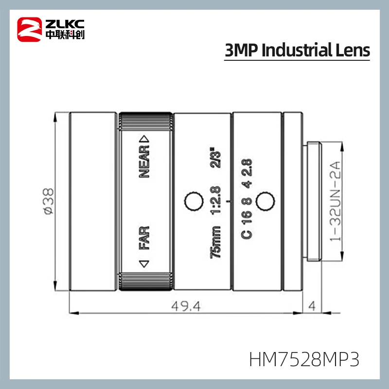 3.0ล้านพิกเซล C MOUNT 75มม. 2/3นิ้ว F2.8 Fa เครื่องมองเห็นเลนส์ทางยาวโฟกัสคงที่กล้องอุตสาหกรรม3MP เลนส์ CCTV ม่านตาแบบแมนนวล
