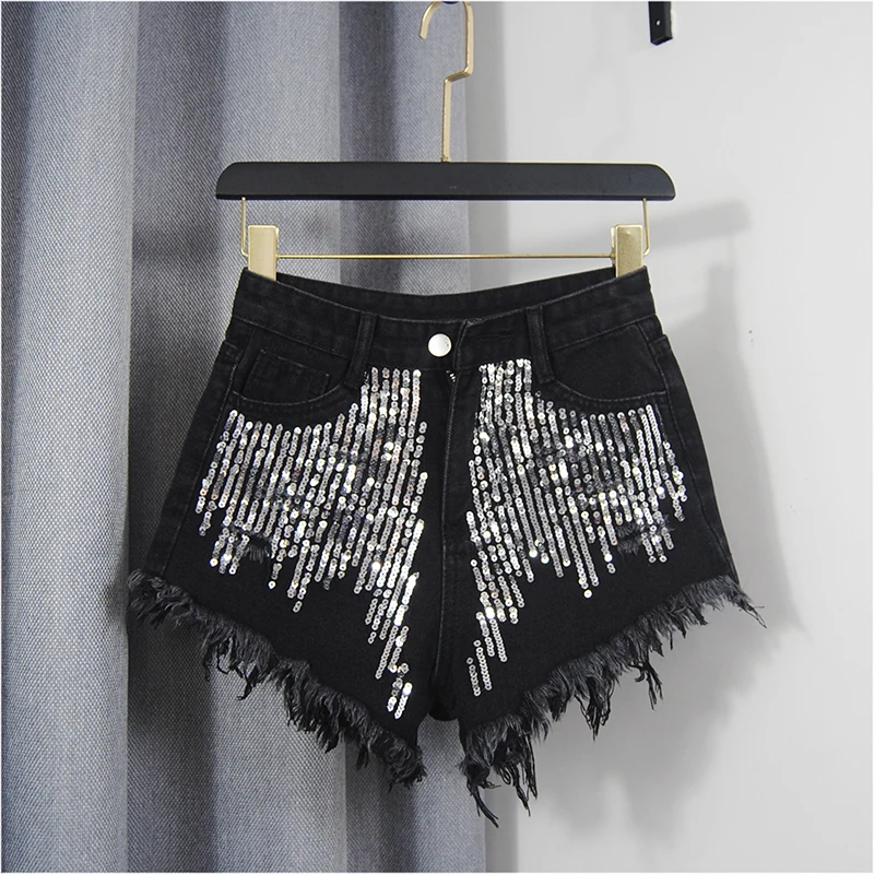 High Waisted Denim Short For Women's Spring Summer New Fashion sequin Raw Edge A-line Shorts Club Party Tassels Hot Pants