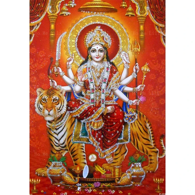 Goddess Durga Poster Reprint Hindu God Sheran Wali Mata Canvas Wall Art For Livingroom Decor