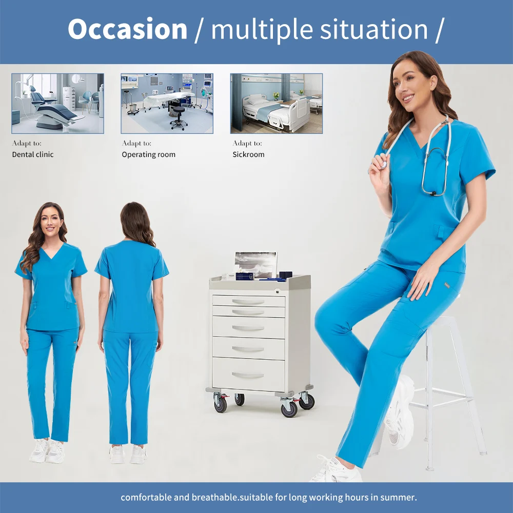 Slim Fit Pet Medical Nurse Workwear Women Beauty Salon Uniform Dental Clinic Suit Hospital Scrub Tops Pant Set Surgical Overalls