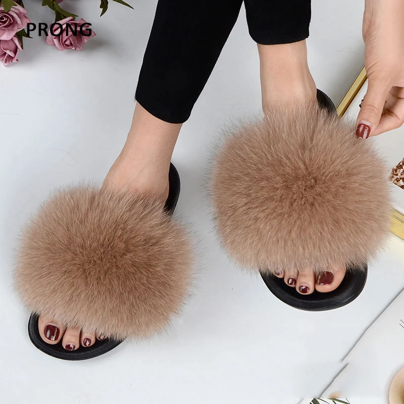 Women Real Fur Slippers Summer Indoor Fox Fur Slides Cute Non-slip Furry Slippers Woman Flat Floor Home Shoes Ladies Flip Flops