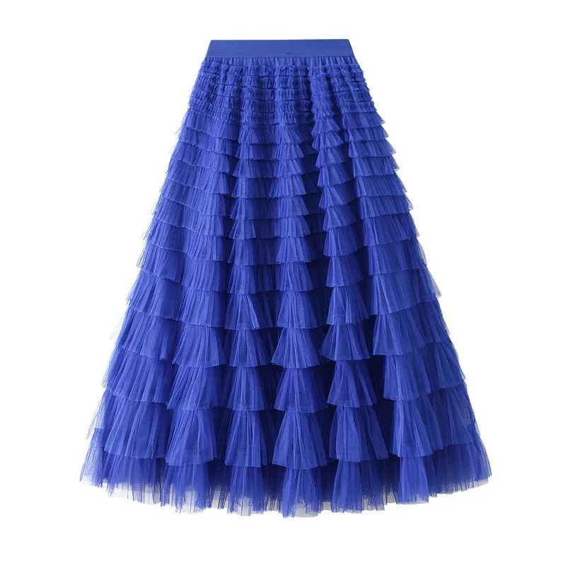

Multilayer Ruffle Mesh Solid Skirt Women Boho High Waist Long Maxi Tulle Skirt Spring Summer Women's Clothing