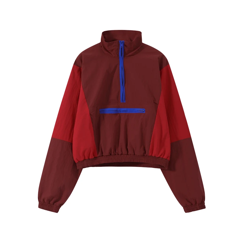2026 Herbst Schicke Kontrastfarbene Damenjacke Rot Lässiger Stehkragen Langarm Halbe Reißverschlüsse Lose Damenmäntel Streetwear Neu – Detail 14