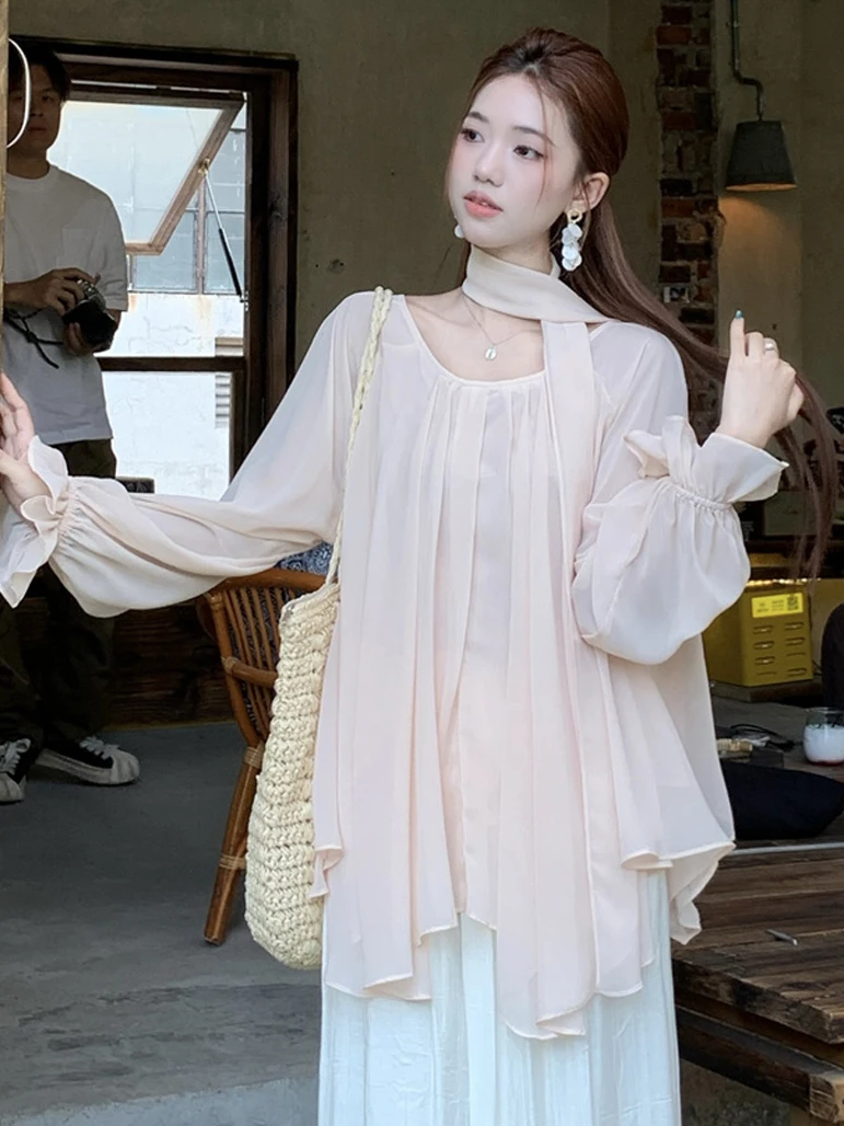 

Elegant Pure Color Chiffon Shirt for Women Spring 2026 New Holiday Style Sweet Long Sleeve Draped Top French Style Loose Fit