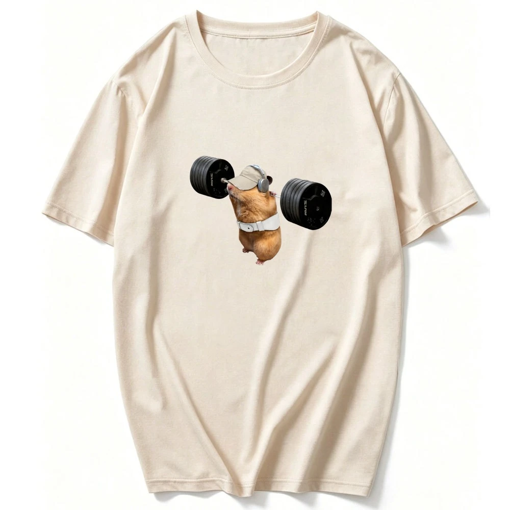 Weightlifting Hamster Wearing Cap Lifting Belt Barbell Realistic Print Cotton Crew Neck T Shirt Funny Gym Animal Fitness Casual