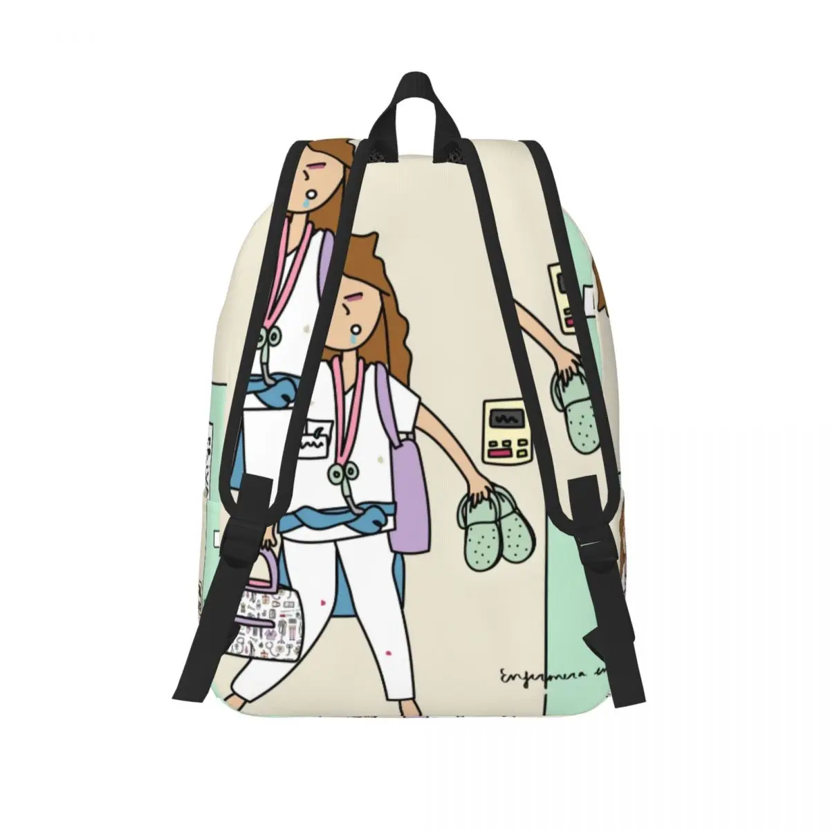 Personalized Cartoon Nurse Enfermera En Apuros Canvas Backpacks Women Basic Bookbag for College School Health Care Nursing Bags