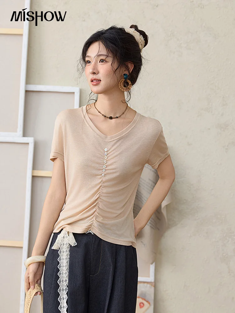 MISHOW V-neck Short Sleeve T-shirt Summer 2025 Mid Front Elastic Fold Single Row Shell Button Tees Casual Slim Tops MXE34T0560