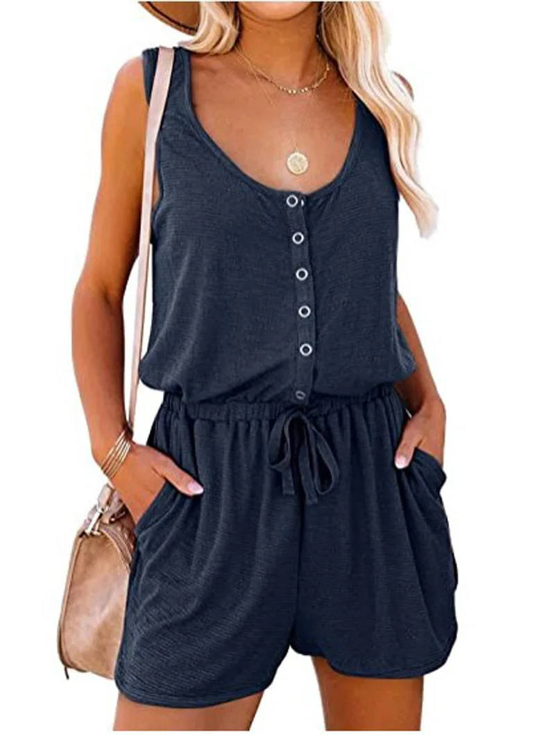 European and American women\'s summer cross-border new sleeveless jumpsuit waist casual loose wide leg shorts