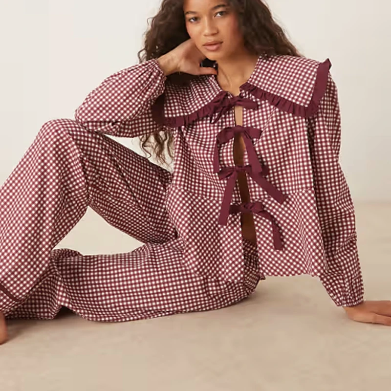 

Christmas Bow Tie Plaid Pajamas Set for Women Y2K Gingham Long Sleeve Babydoll Shirt and Pants Loungewear Xmas Jammies Sleepwear