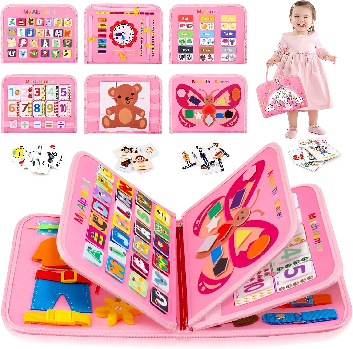 Montessori Busy Board for Toddlers,  Portable Activity Board for Preschool Kids,  Buckle Zipper  Board Toys for Kids Activities