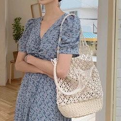 Hollow Woven Shoulder Bag Women Cotton Large Capacity Totes Summer Travel Beach Bag Braid Handbag Shopping Lady Handle Bag