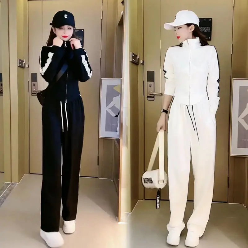 

Повседневный комплект спортивной одежды для женщин, осень 2021, новая корейская версия, тонкая короткая куртка с воротником-стойкой + широкие брюки, комплект из двух предметов