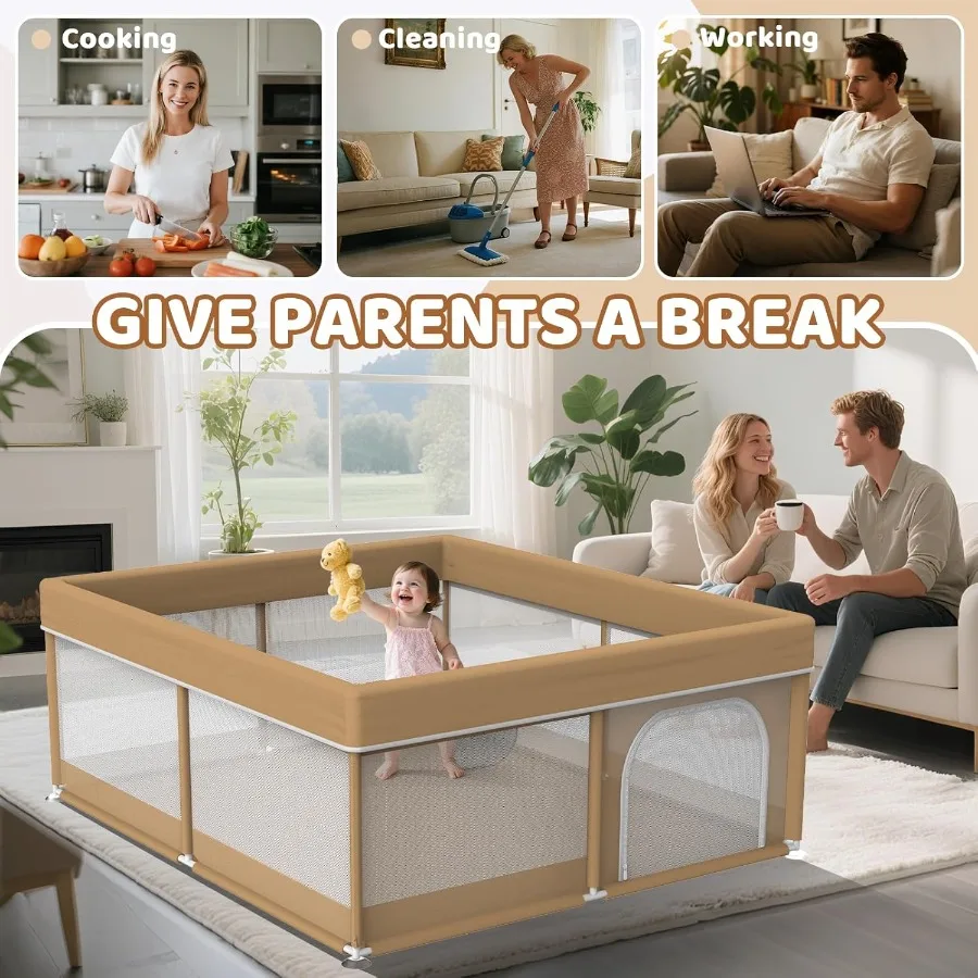 بيبي بلاي يارد 79x71 بوصة - روضة أطفال كبيرة للأطفال - روضة أطفال مع شبكة مرئية وباب بسحاب - مع مقبضين وحقيبة تخزين