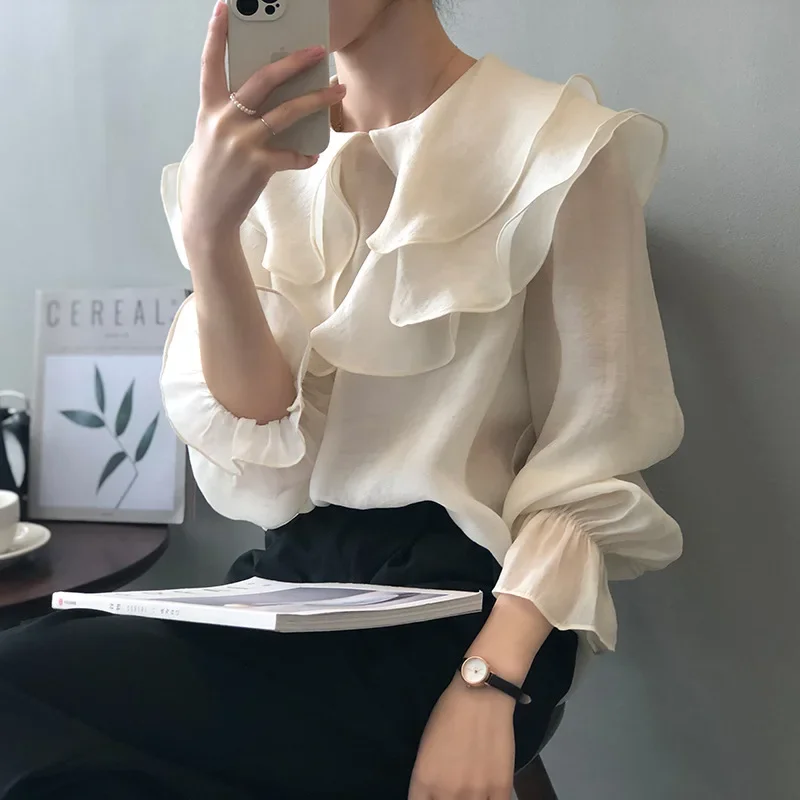 Women Clothing Shirt Spring AUTUMN Ruffled Turn-down Collar Casual Simple Solid  New Fashion Blouse for Women