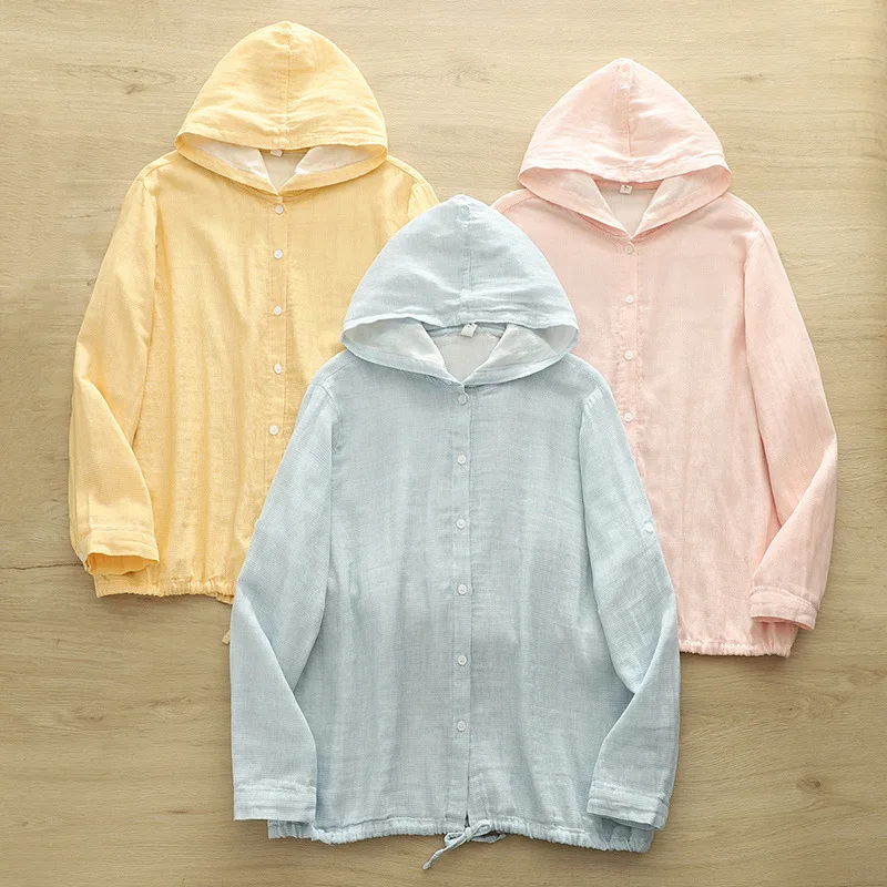 100% Cotton yarn plaid hoodies sweatshirt for women autumn Japanese style yellow pink blue check hooded shirts and blouses