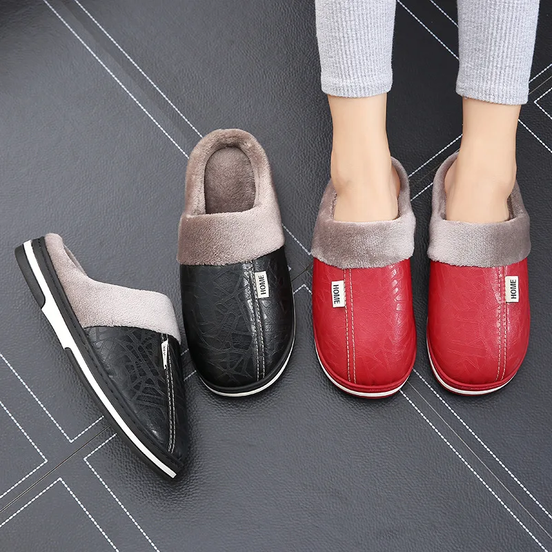 Big Size 50-51 Men Slippers Winter PU Leather Warm Indoor Waterproof Home Furry Flats Couples Slides Bedroom Non Slip Shoes