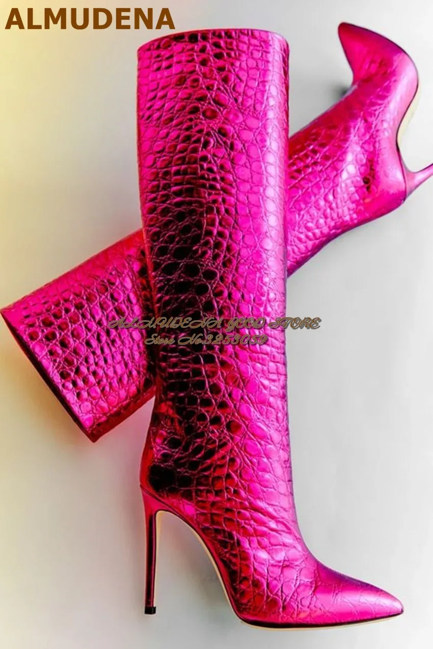 ALMUDENA Fuchsia Pink Metallic Croc Tall Boots Oval Cobblestone Pattern Knee Boots Stiletto Heel Pointed Toe Banquet Shoes