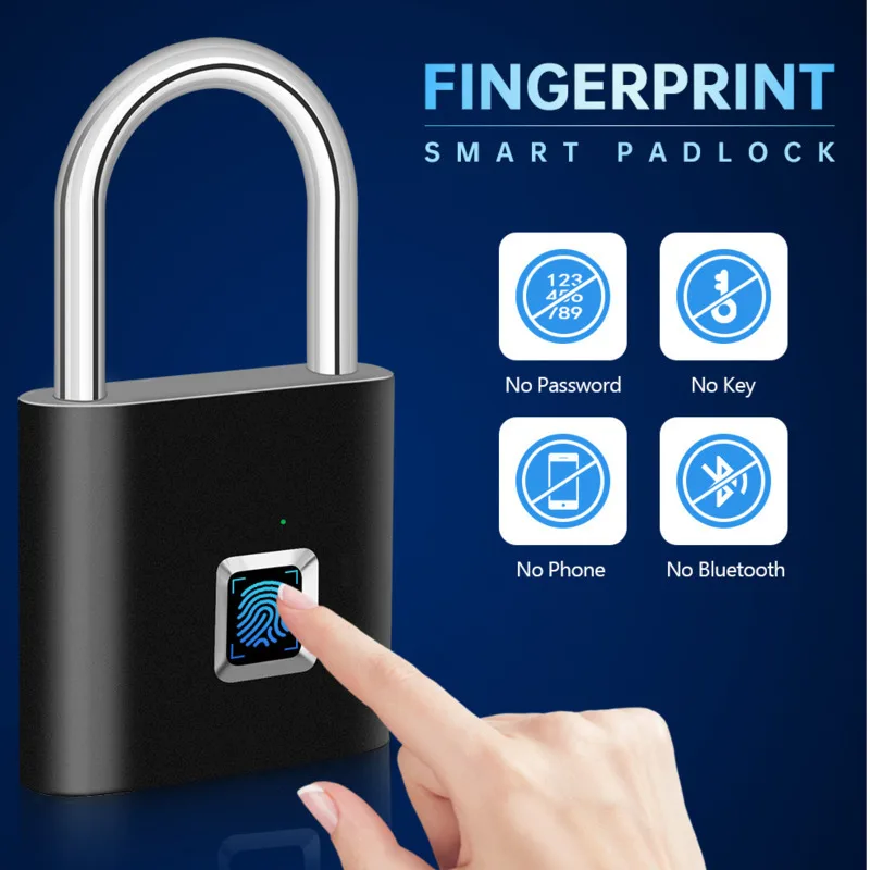 Keyless USB Charging Fingerprint Lock Smart Padlock Waterproof 0.2s Unlock Portable Anti-theft Electronic DoorLock Zinc