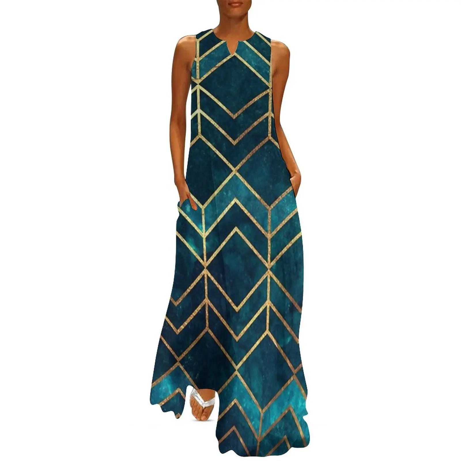

Deep Teal and Gold Arrows Pattern Long Dress dresses for woman 2025 womans clothing dress korean style sexy dress for women
