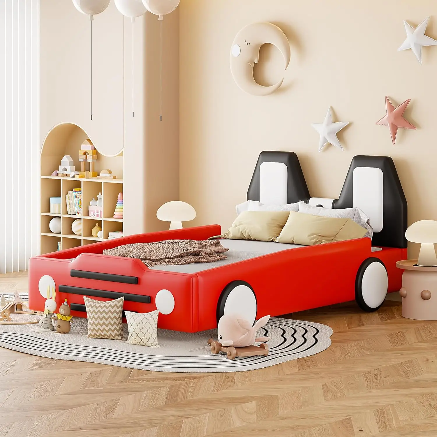 Twin Size Race Car Bed For Kids, Pu Car-Shaped Bedframe With Wheels And Side Rails For Boys,Girls, Wood Slat Support, No Box