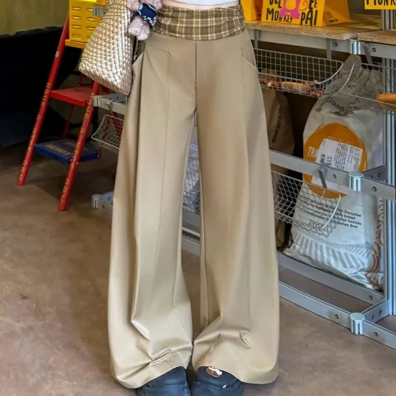 Fashion Vintage Plaid Patchwork Casual Pants Spring Autumn American High Waist Female Clothing Wide Leg Loose Pockets Trousers