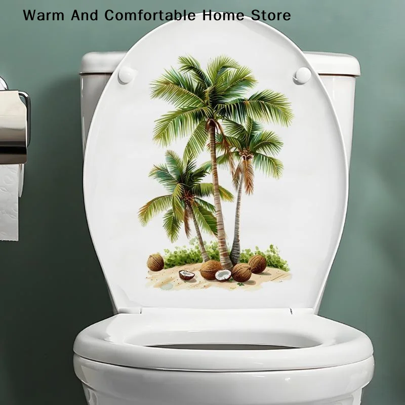 【W】Tropical Coconut Palm Tree Toilet Lid Sticker Waterproof Self Adhesive Great For Bathroom Home Decor