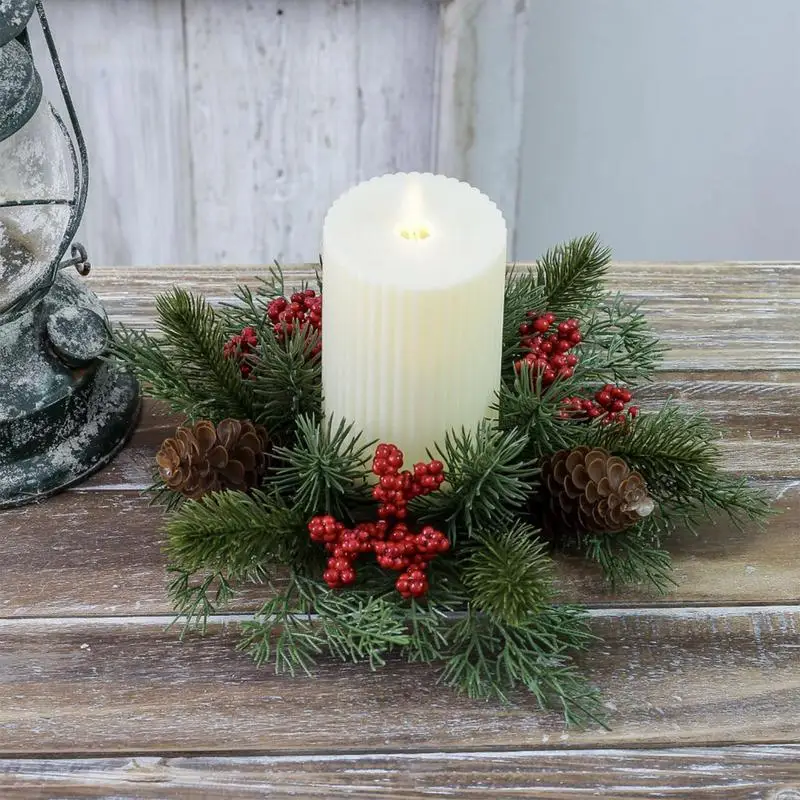 Christmas Candlestick Wreath Artificial Berry Garland Candle Ring Xmas Table Decoration Fake Leaves Wreath For Candle Holder