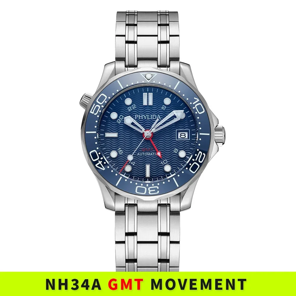 PHYLIDA 41mm Men\'s Watch NH34A GMT Blue Black Wave Dial Automatic  Sapphire Crystal 20ATM SE-BL34