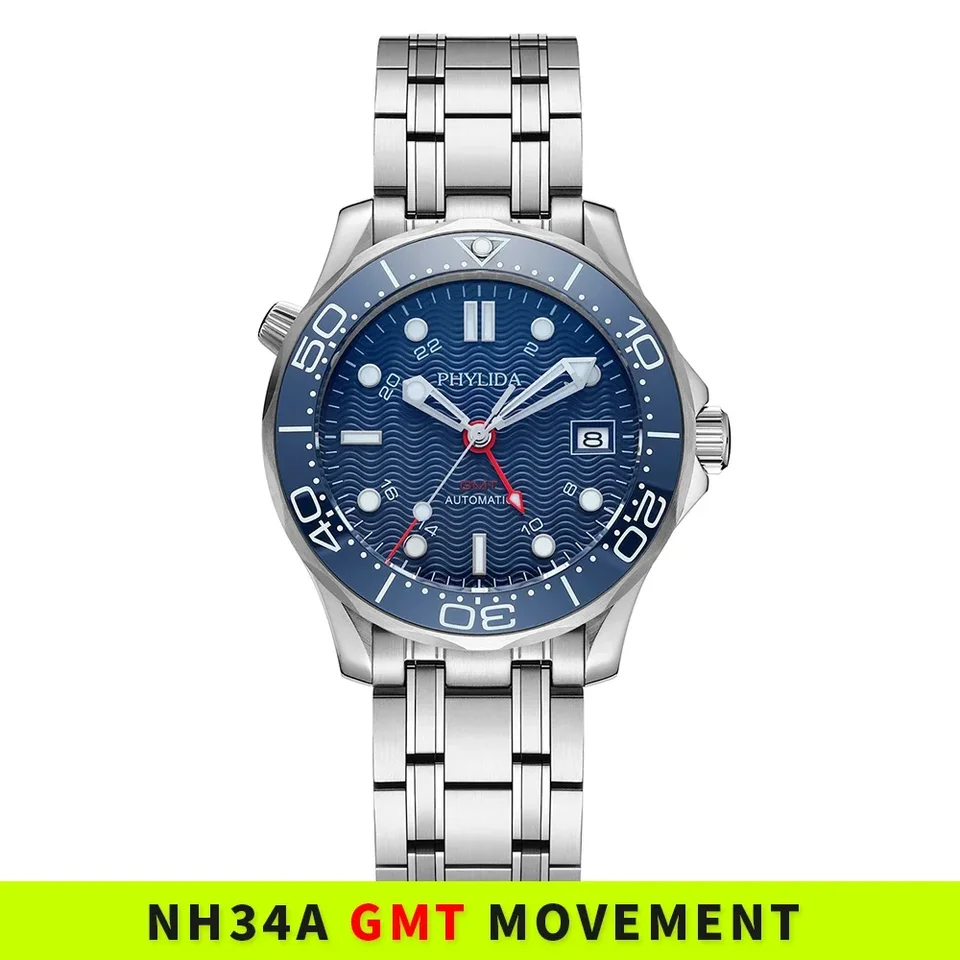 PHYLIDA 41mm Men's Watch NH34A GMT Blue Black Wave Dial Automatic
