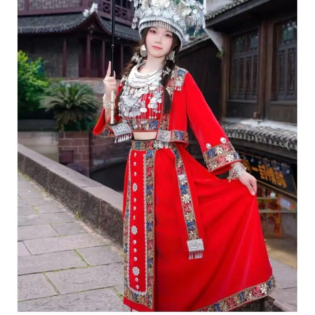 

Traditional Miaojiang Goddess Clothing Womens Red Hmong Costume Ethnic Minority Miao Suit Travel Wedding Stage Performance Dress