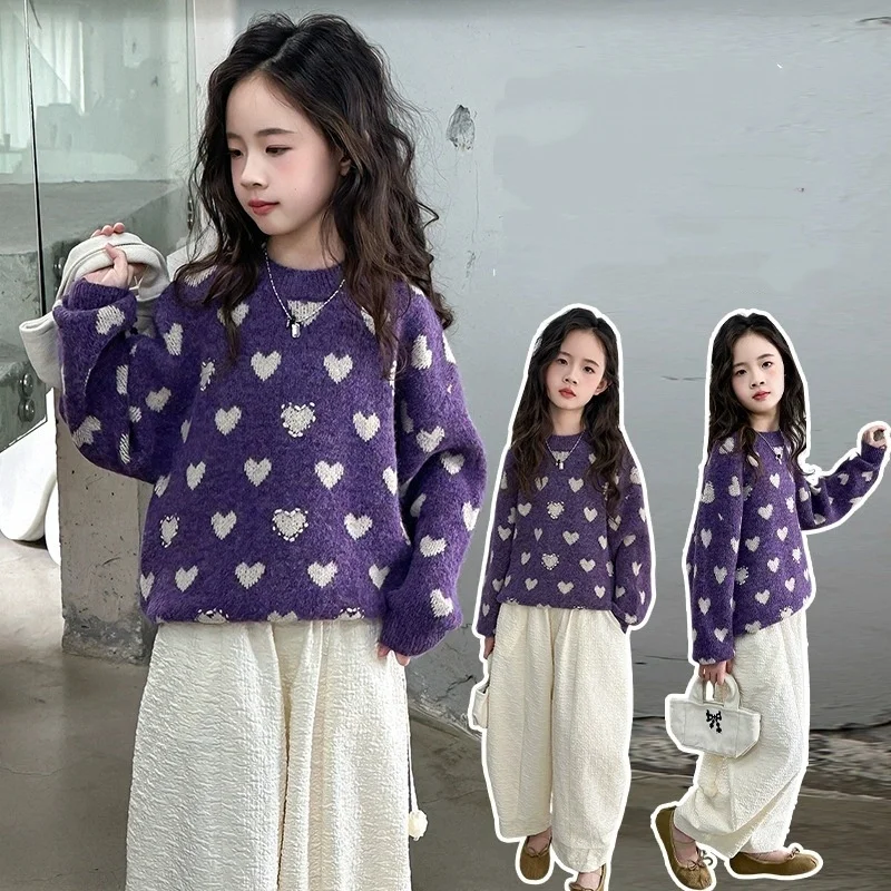 

Girls' Heart Knitted Sweater New Arrival for 2026 Autumn Casual Long-Sleeve Base Layer Top Suitable for Ages 7-14T