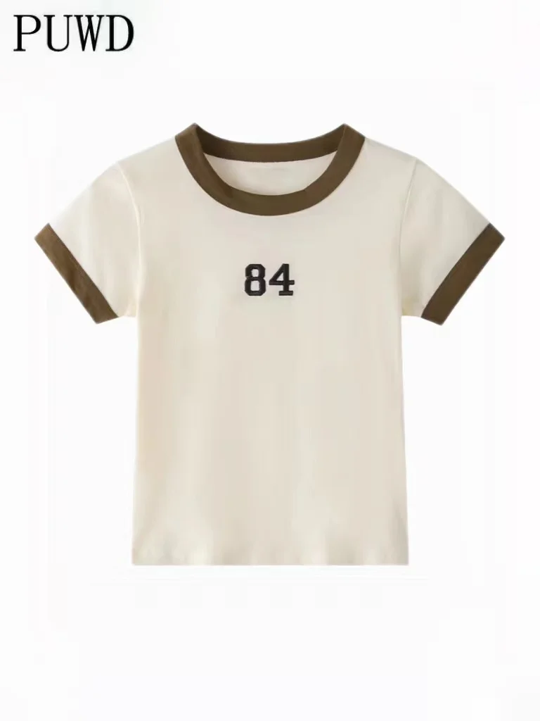 PUWD Casual Gir Beige Number Print T-shirts 2022 Summer Fashion Ladies O-neck Slim Tees Vintage Women Streetwear Soft Chic Tops