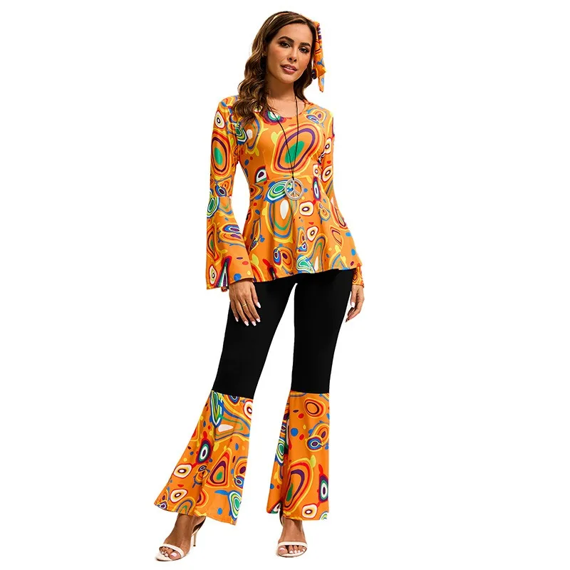 disco-dance-outfit-for-women-multicolor-print-top-pants-set-with-headscarf-retro-club-party-costume
